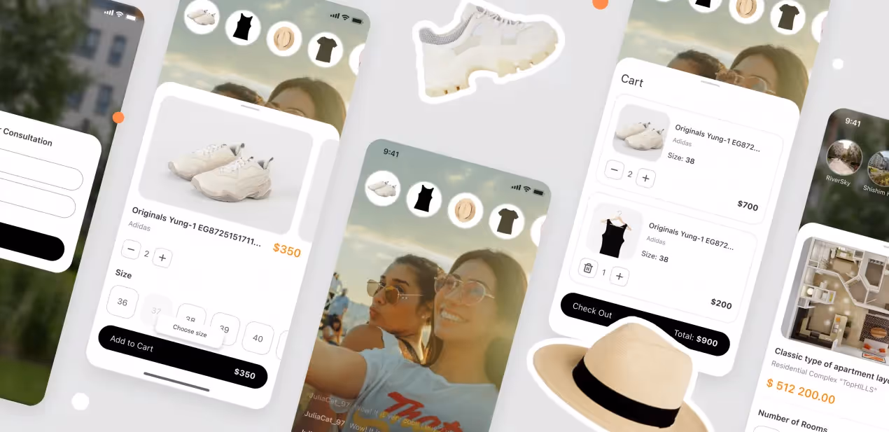 screens of the Eyebuy shopping app developed by Purrweb