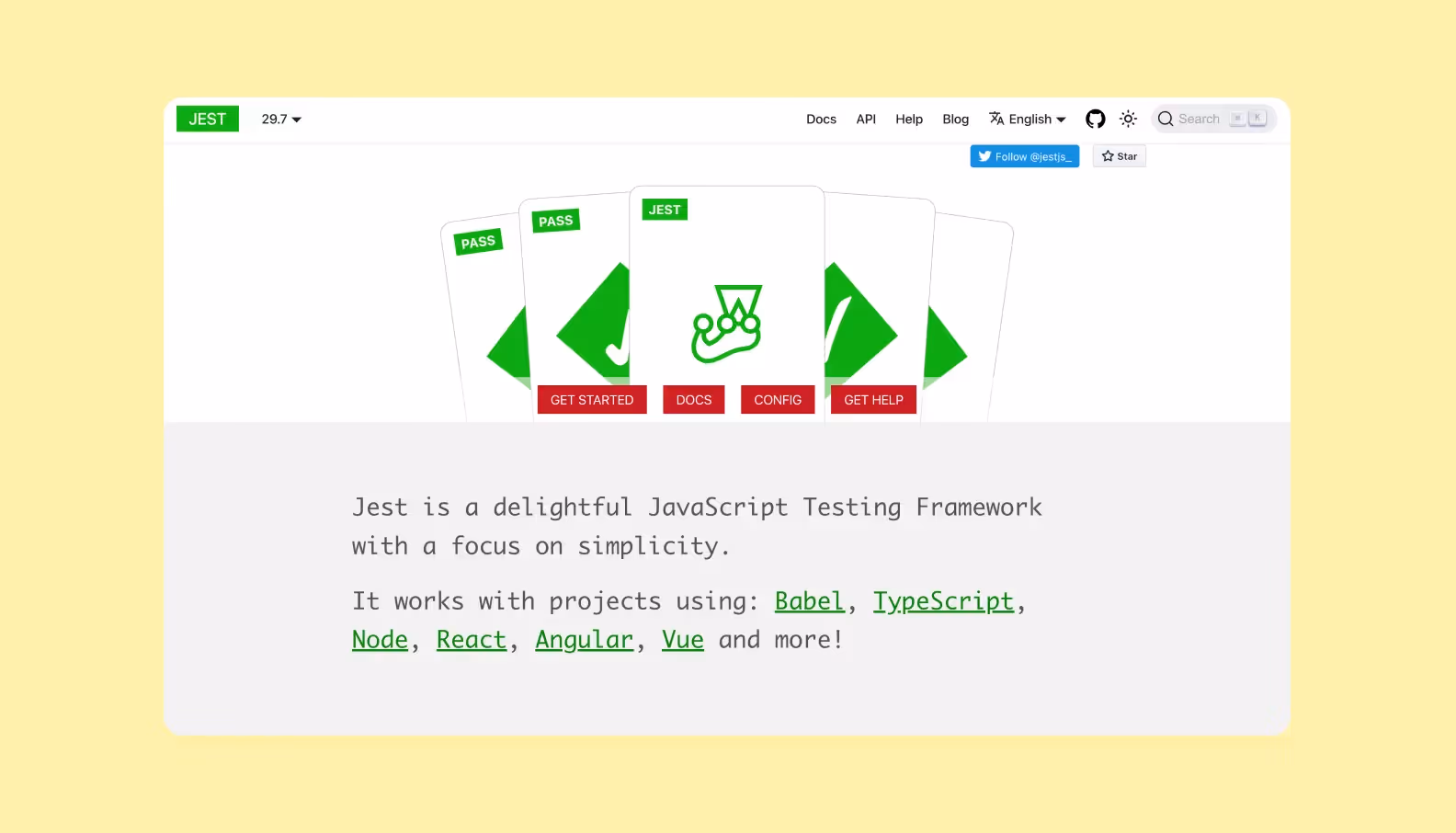 homepage of jestjs.io describing the Jest frontend testing framework