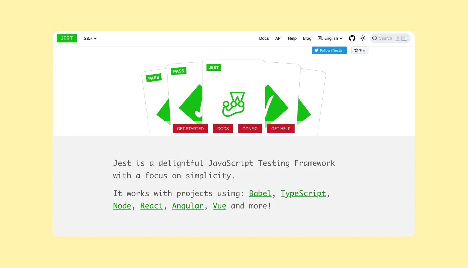  homepage of jestjs.io describing the Jest frontend testing framework 