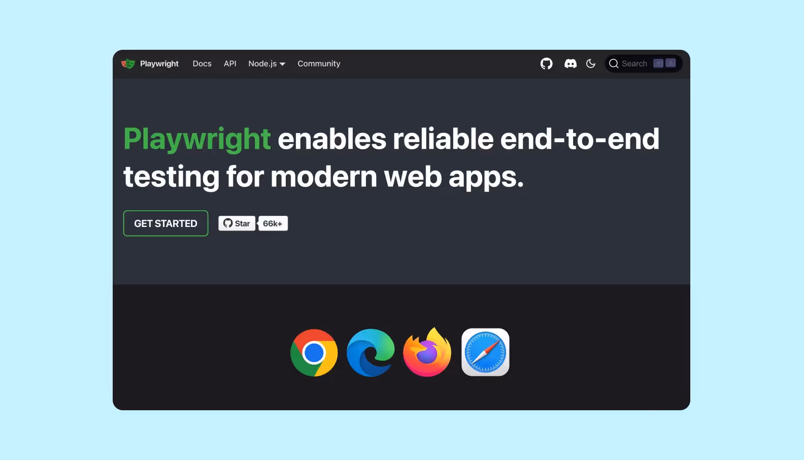 homepage of the playwright.dev describing the Playwright framework