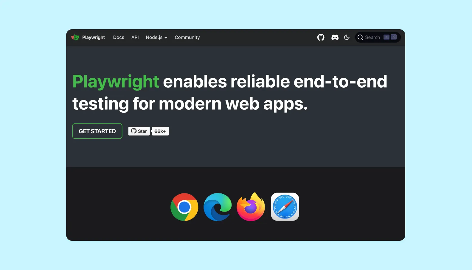 homepage of the playwright.dev describing the Playwright framework
