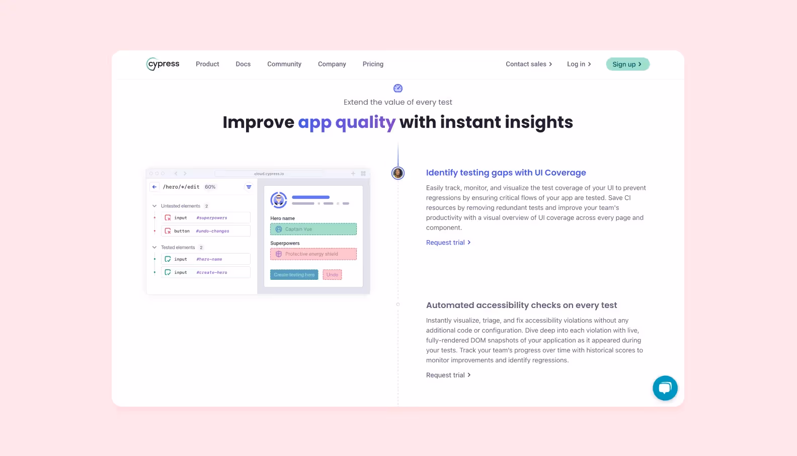 homepage of cypress.io detailing the benefits of Cypress for automated tests