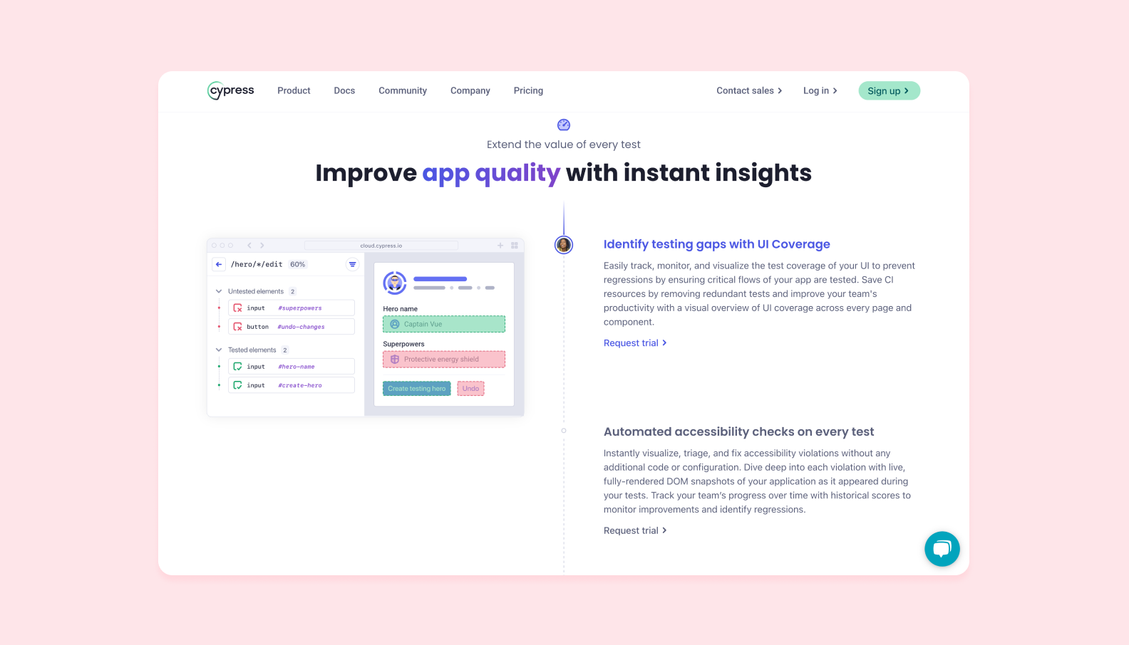 homepage of cypress.io detailing the benefits of Cypress for automated tests 