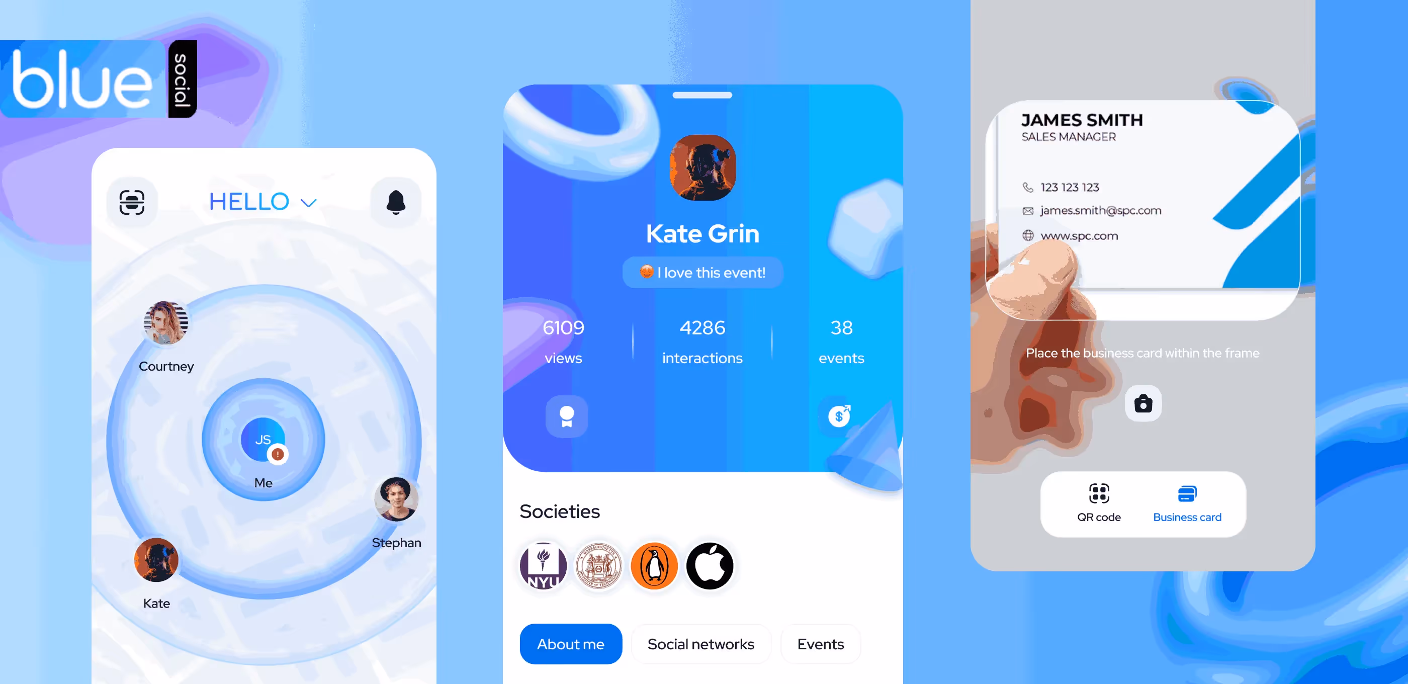 three screens of the Blue Social app designed by Purrweb