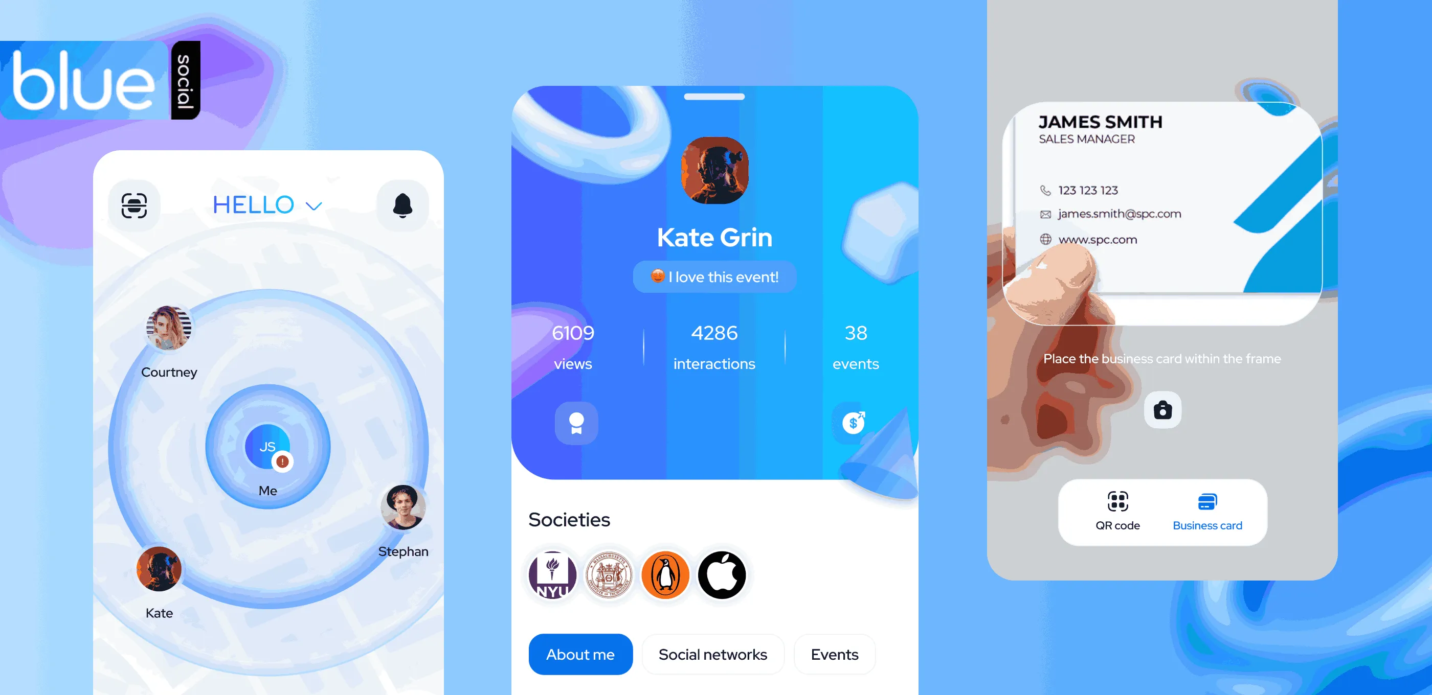 three screens of the Blue Social app designed by Purrweb