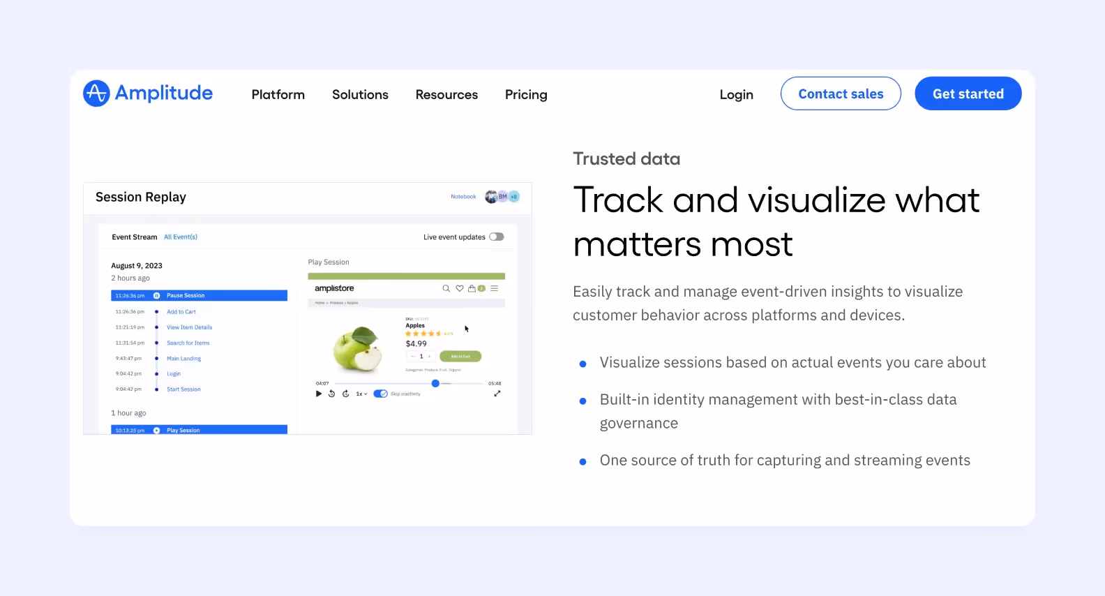 page on amplitude.com showcasing the session replay feature of Amplitude