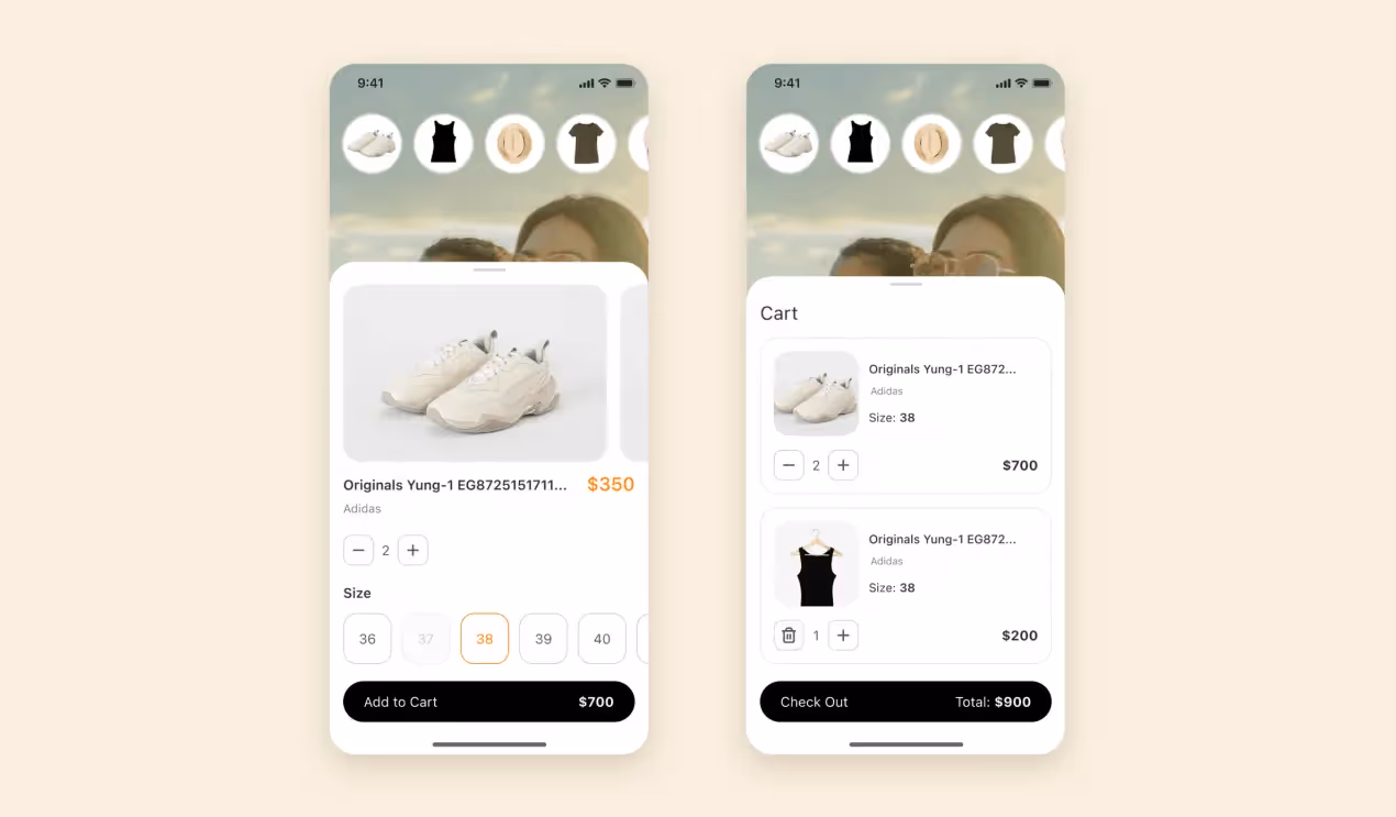 two screens of a livestream shopping app developed by Purrweb