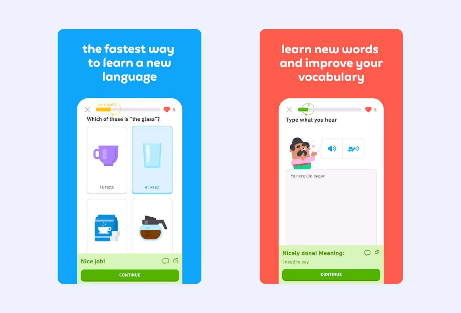 two screens of the Duolingo app for Android