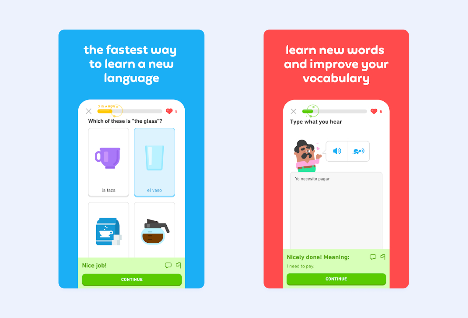 two screens of the Duolingo app for Android