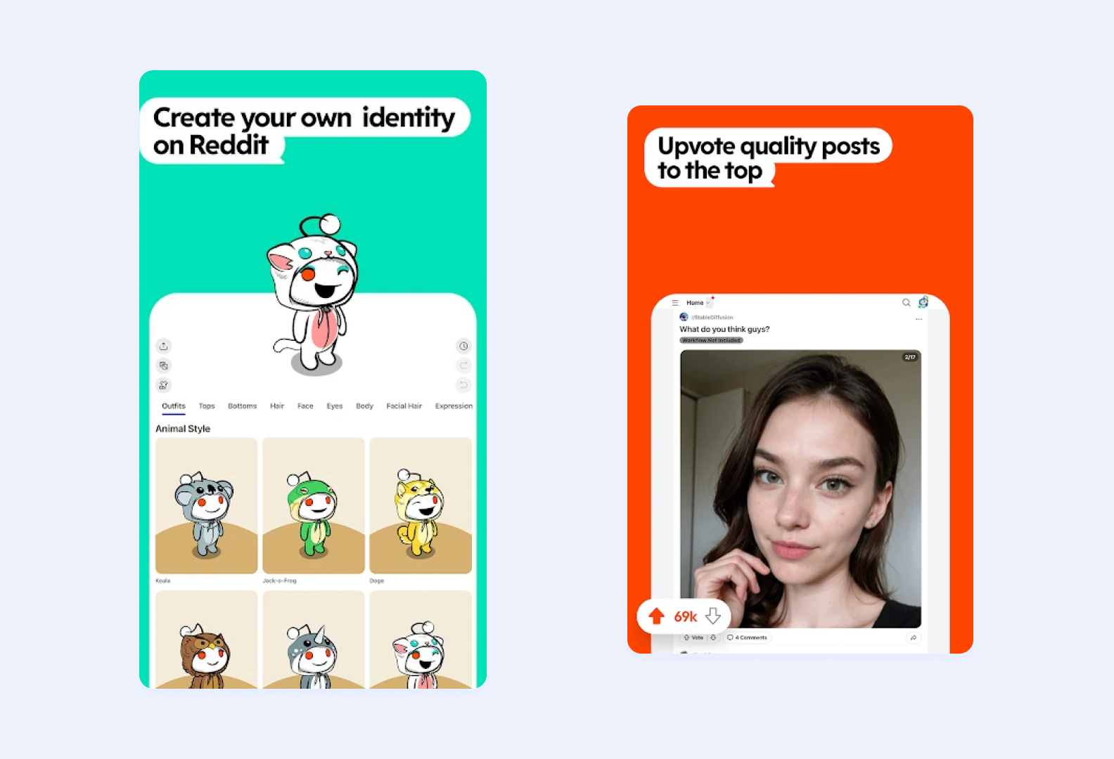 two screens of the Reddit app for Android