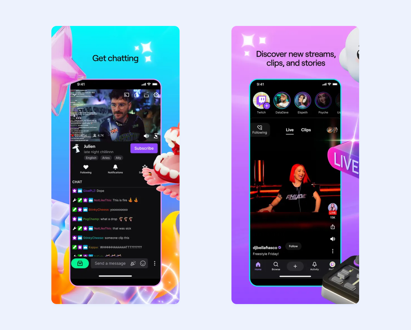 two screens of the Twitch app for iOS