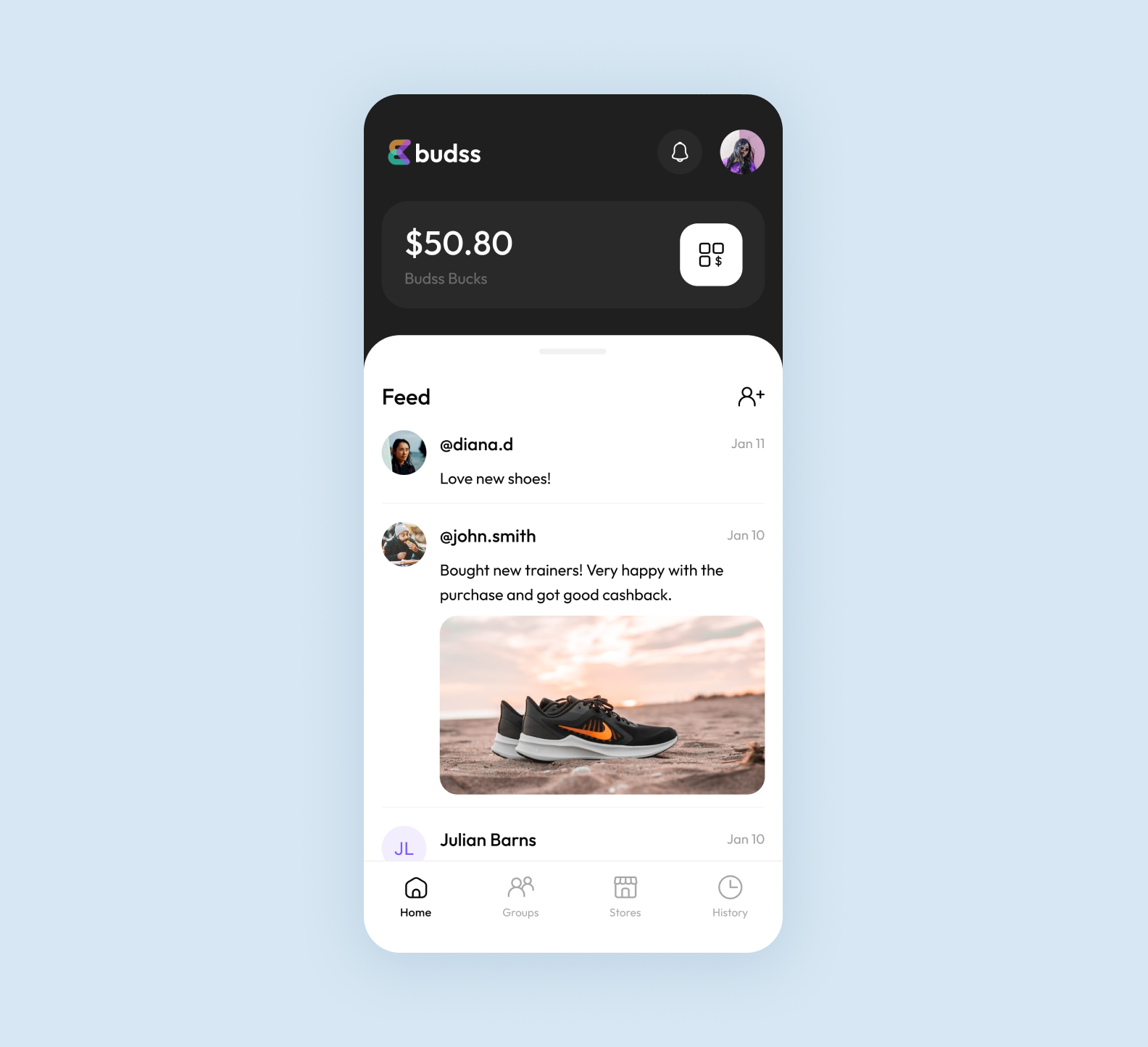 A screenshot of a mobile app Budss with a cash-back balance