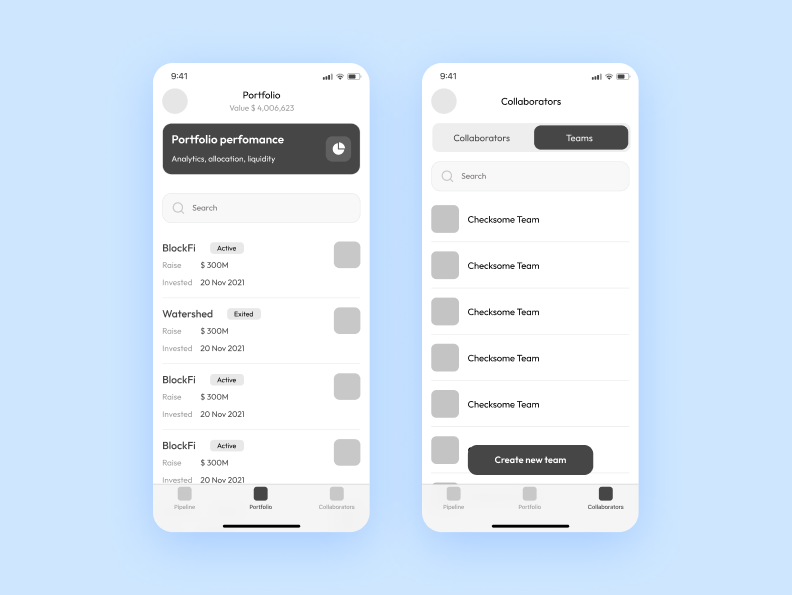 Example of wireframes for a fintech app
