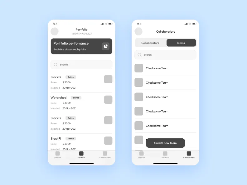Example of wireframes for a fintech app