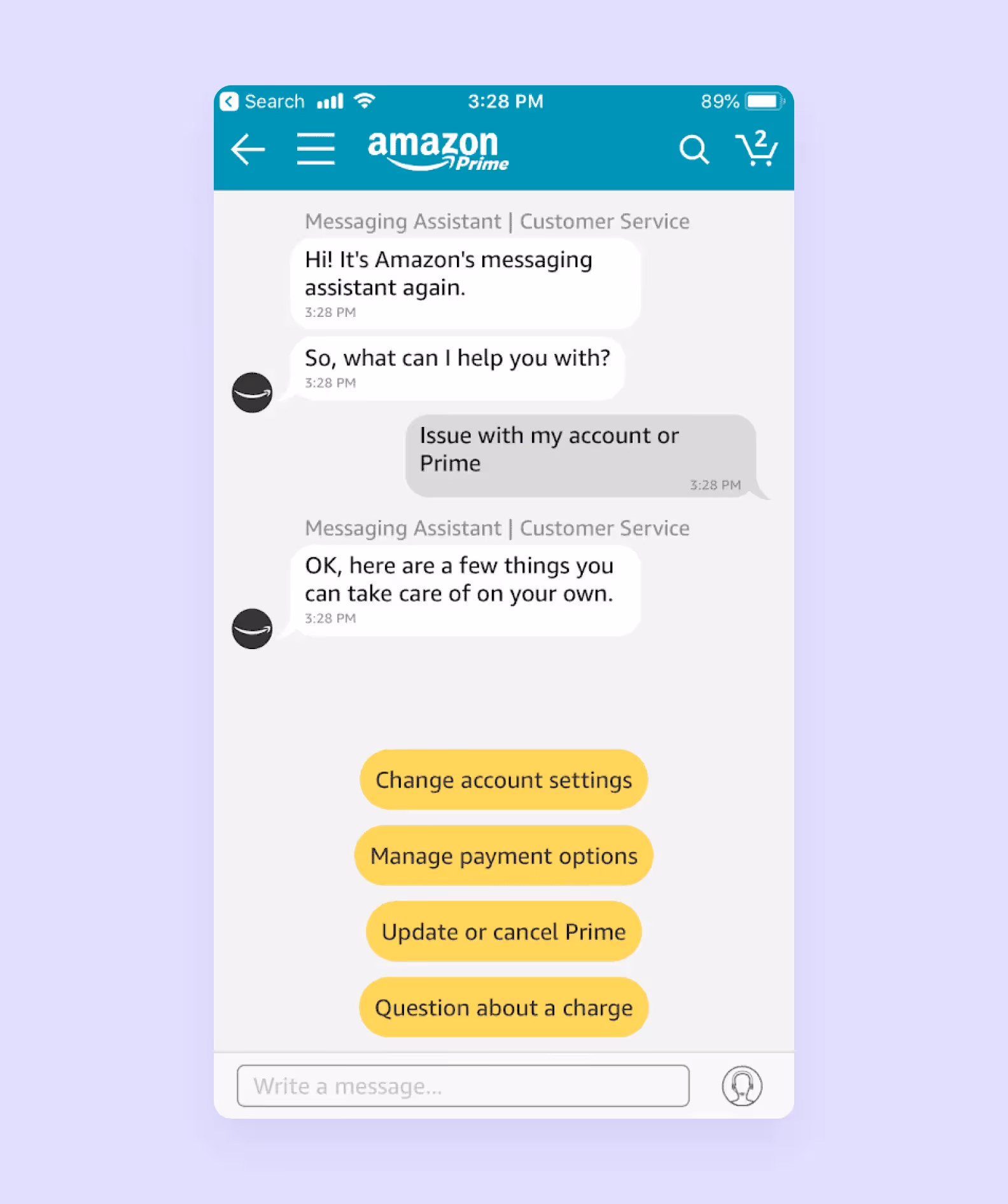 Chatbot on the Amazon Prime app
