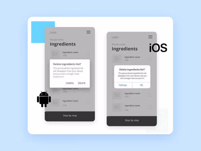 differences between Android and iOS apps represented in low-fidelity wireframes