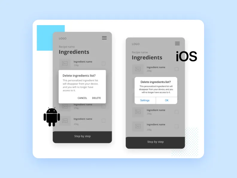 differences between Android and iOS apps represented in low-fidelity wireframes