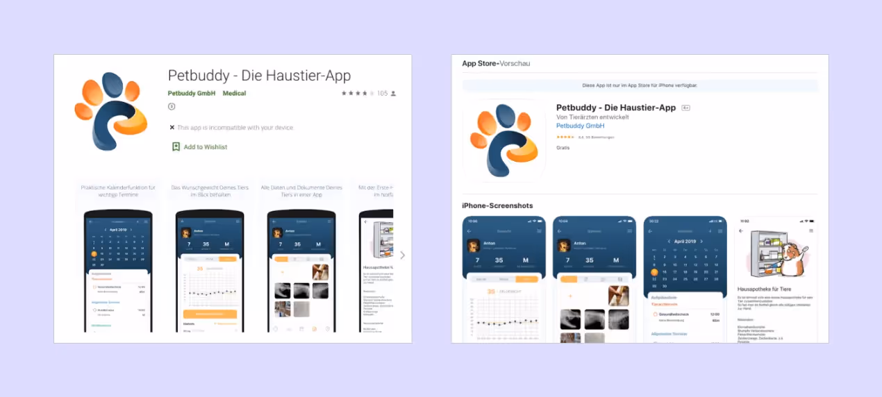 pages for a pet health tracker app we made in the Google Play and App Store