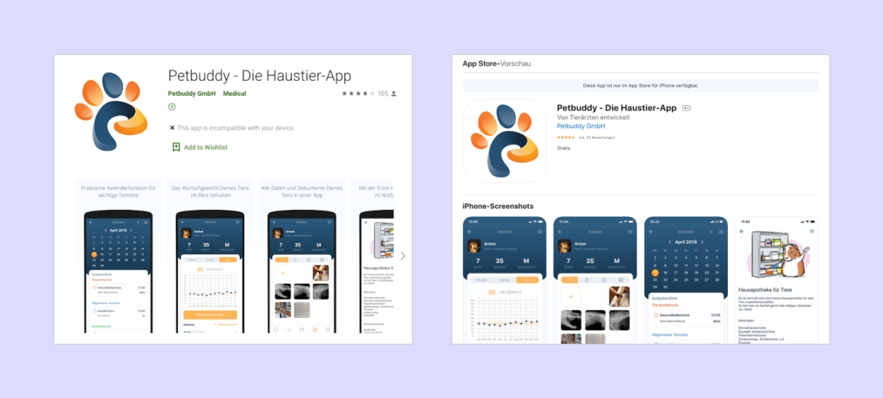 pages for a pet health tracker app we made in the Google Play and App Store 