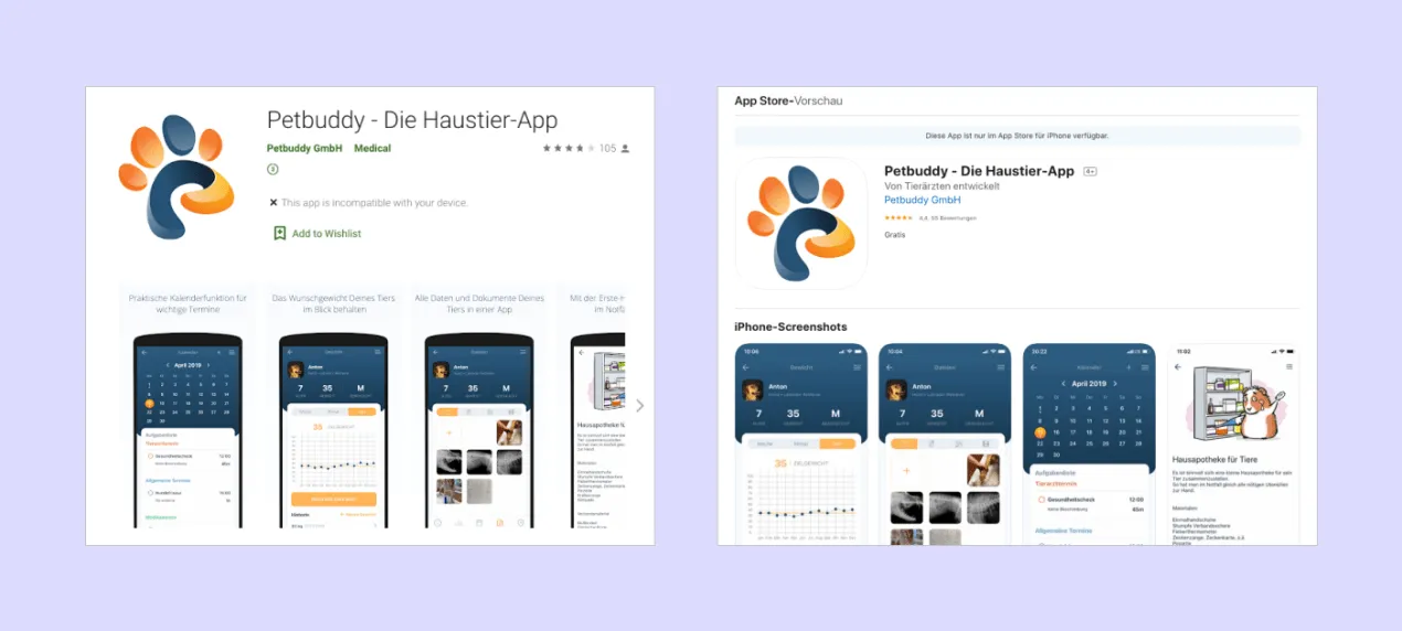 pages for a pet health tracker app we made in the Google Play and App Store