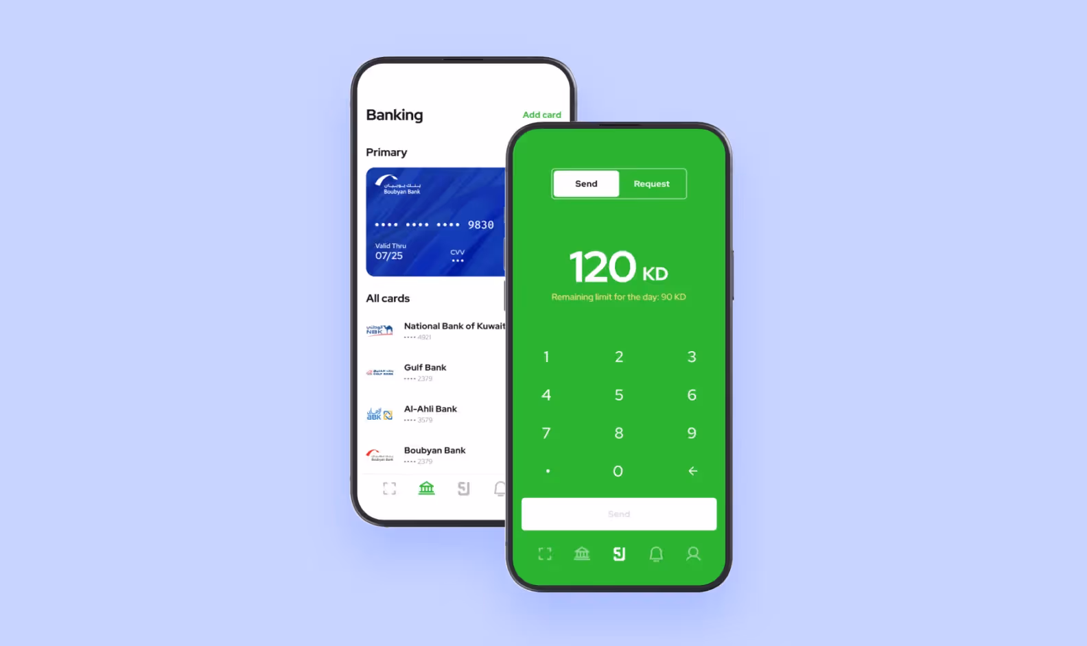 2 screens of a mobile P2P payment app