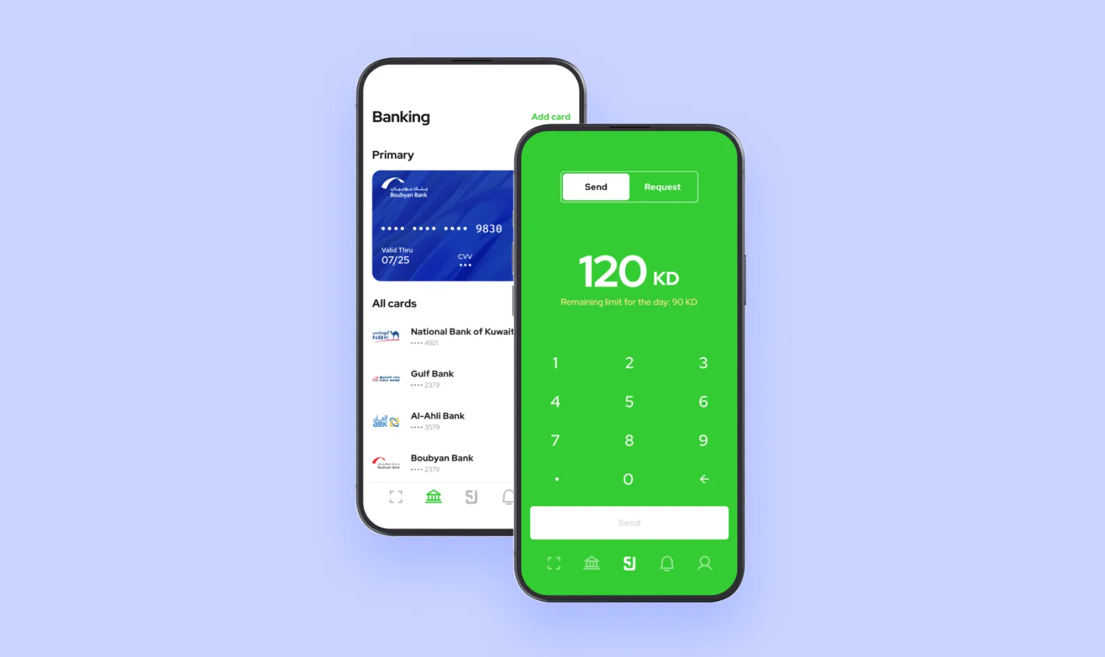 2 screens of a mobile P2P payment app
