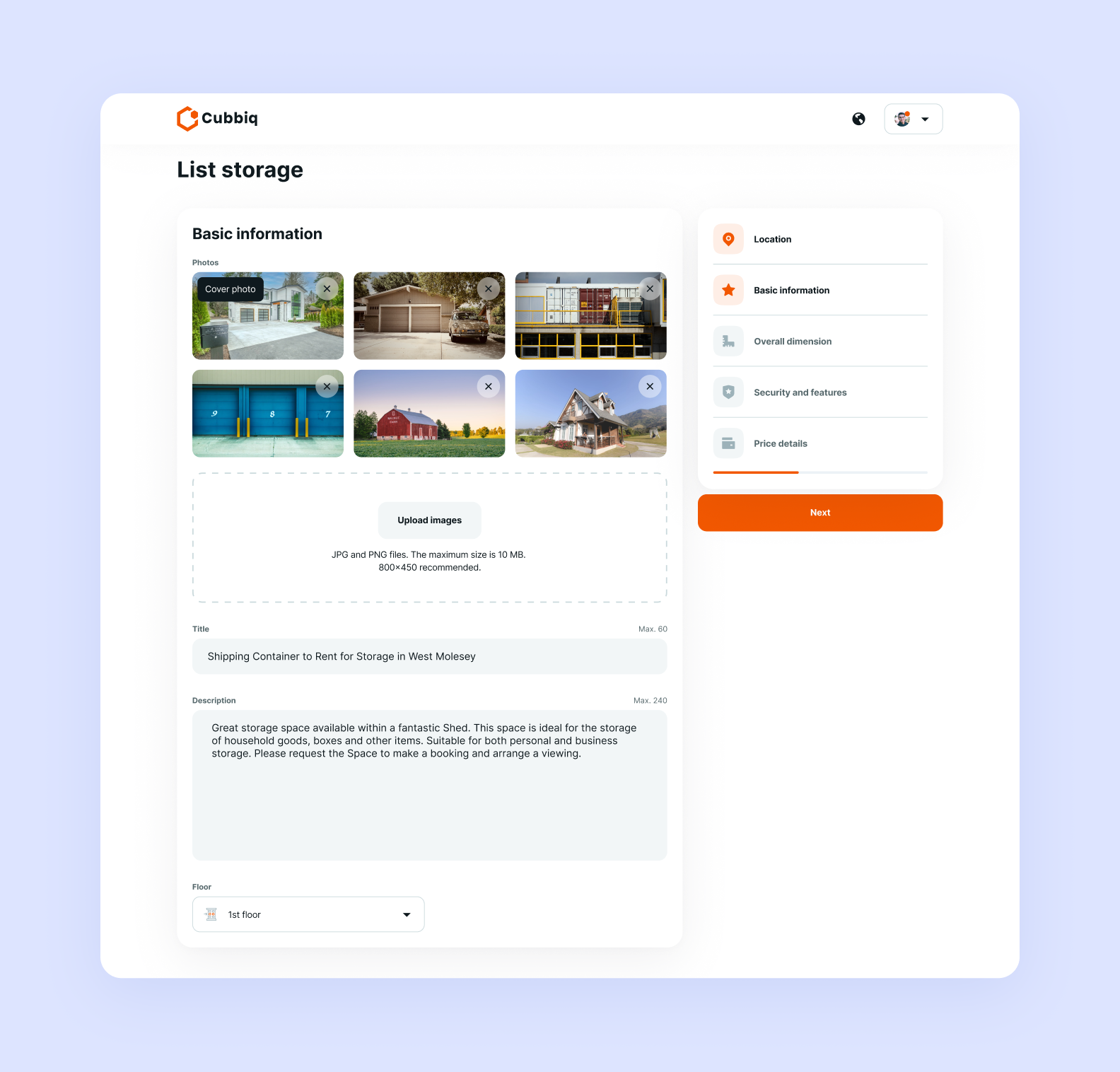A screenshot of Cubbiq, a storage rental platform