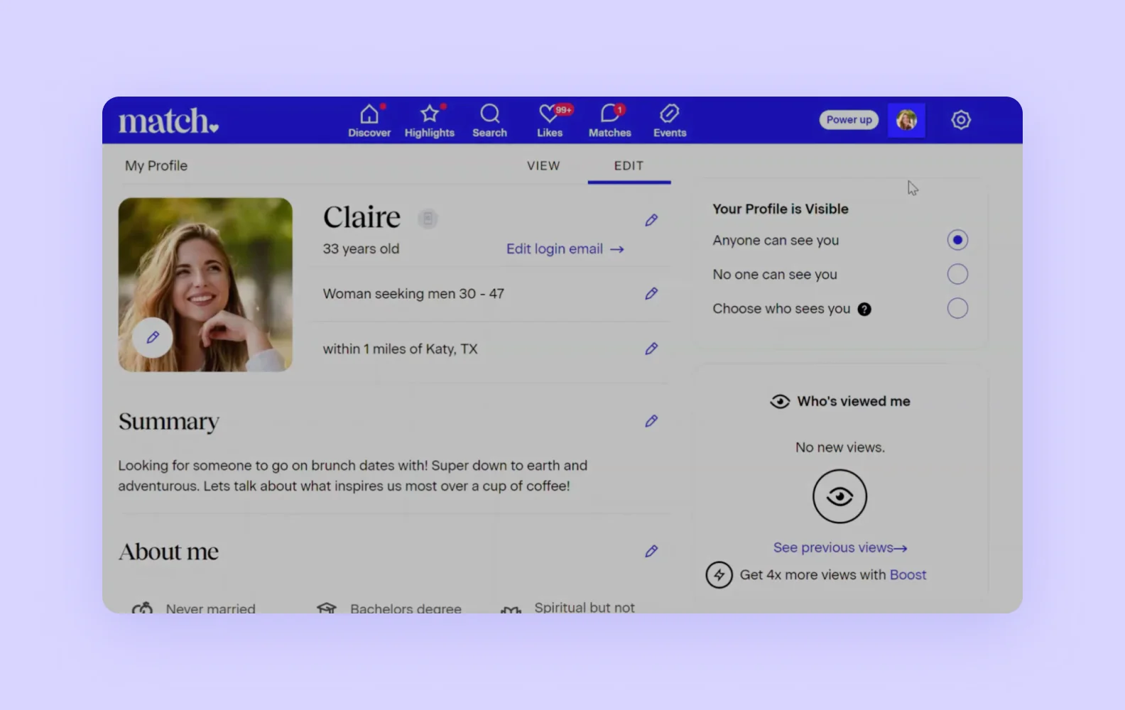 A screenshot of the Match webpage