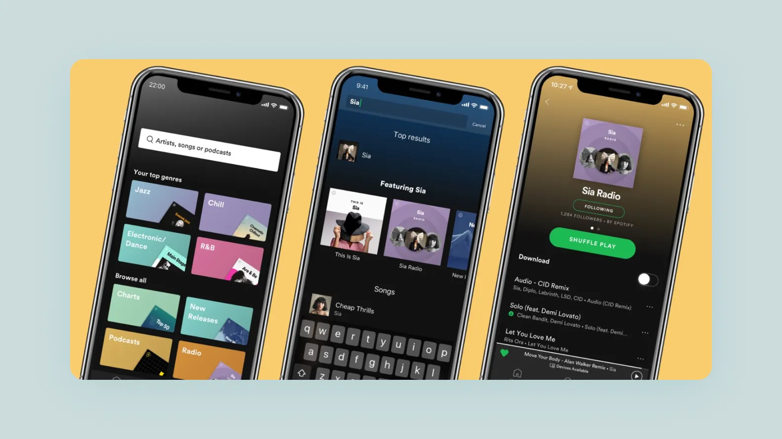 three screens of the Spotify mobile app showing the search and radio features