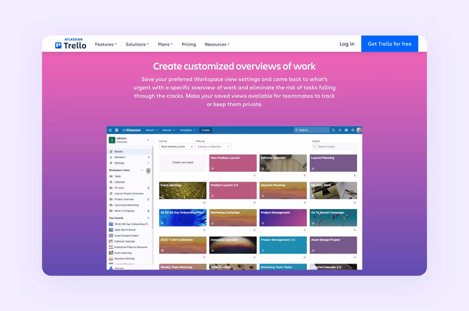 page on trello.com showing customizable workspace options offered by Trello