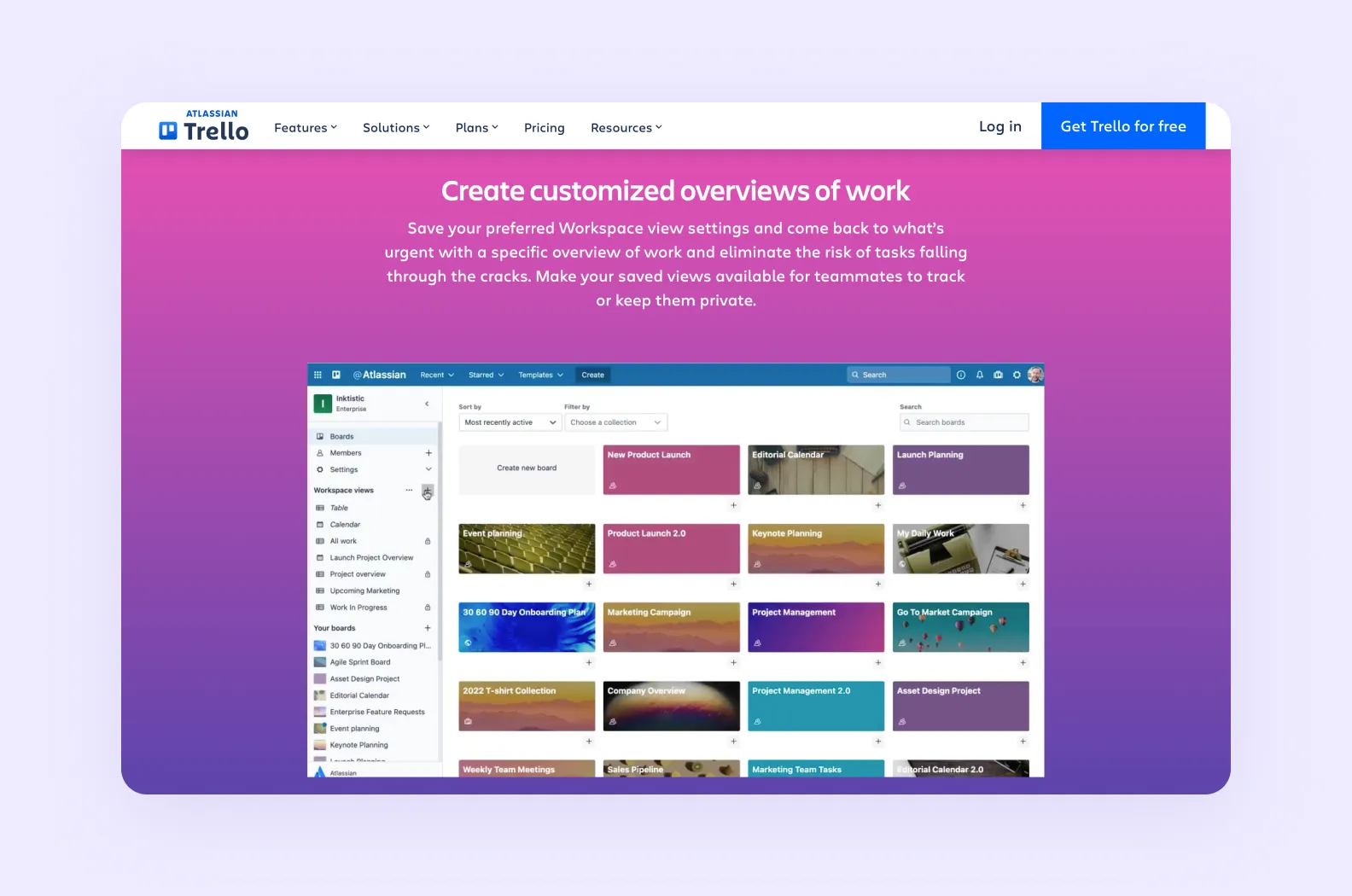page on trello.com showing customizable workspace options offered by Trello