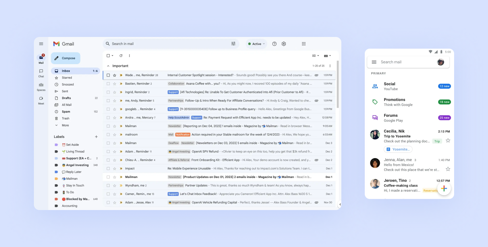 Gmail hybrid app on a tablet and on a smartphone
