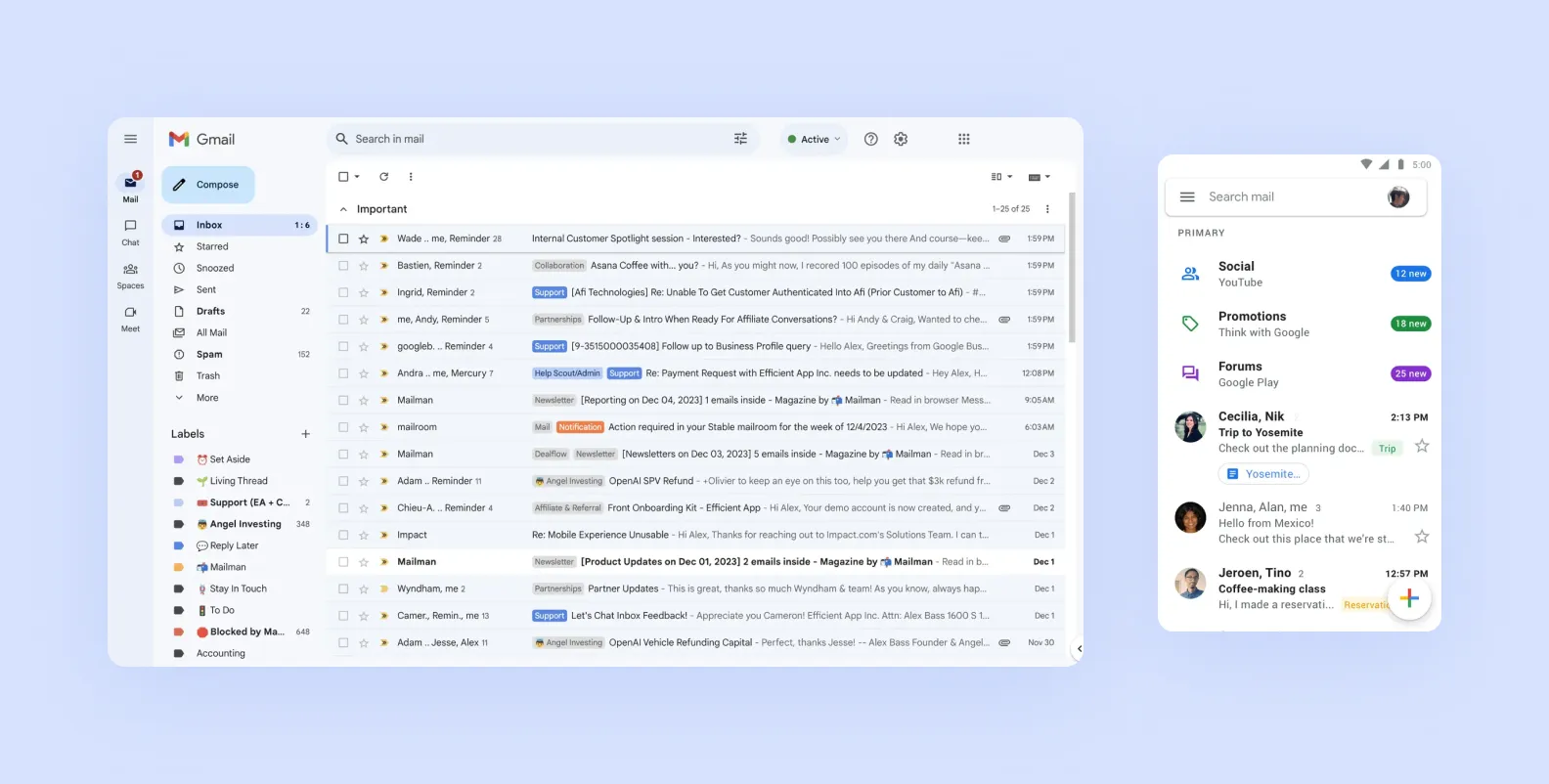 Gmail hybrid app on a tablet and on a smartphone