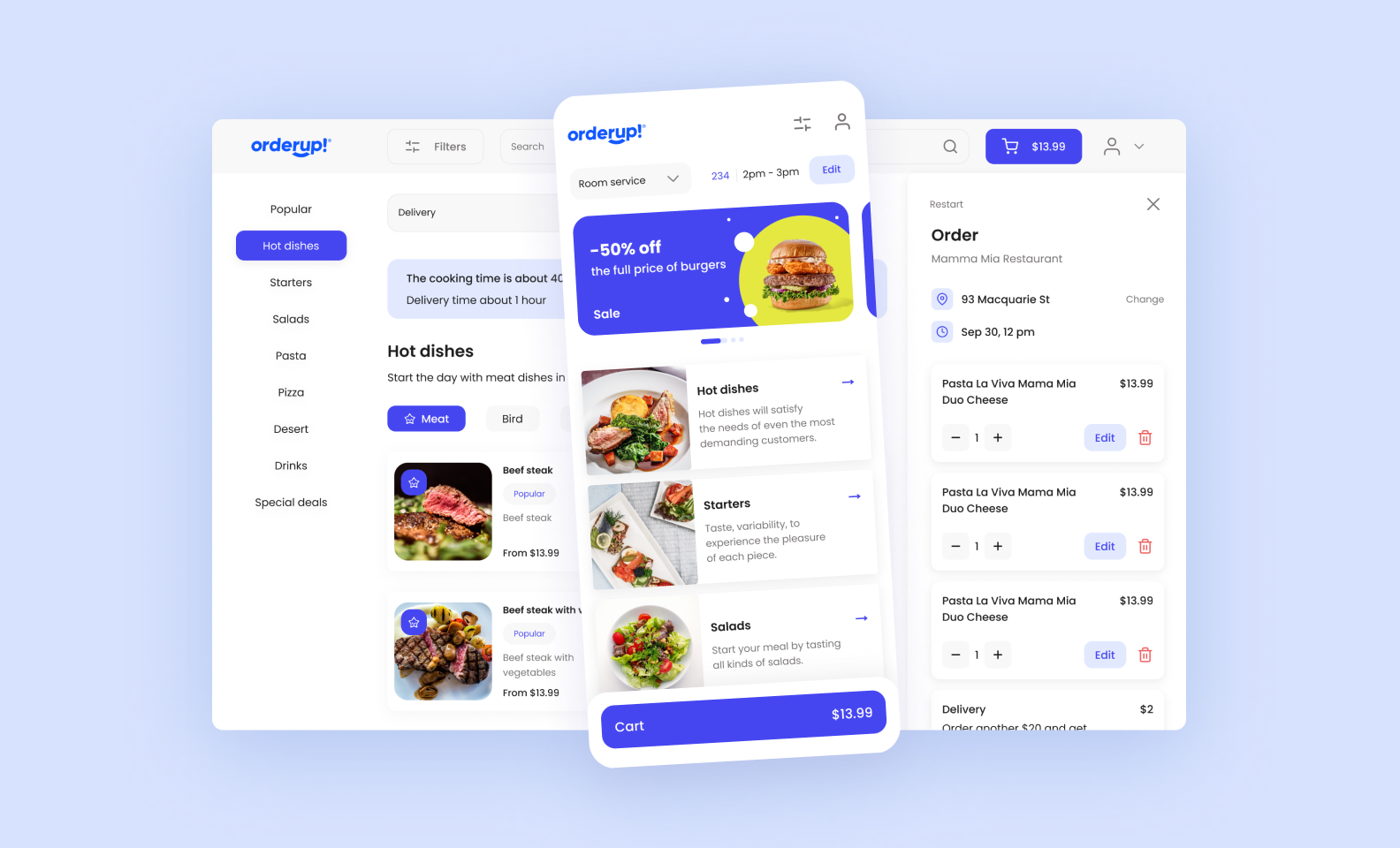 page on purrweb.com showcasing OrderUp, a food delivery app designed by Purrweb