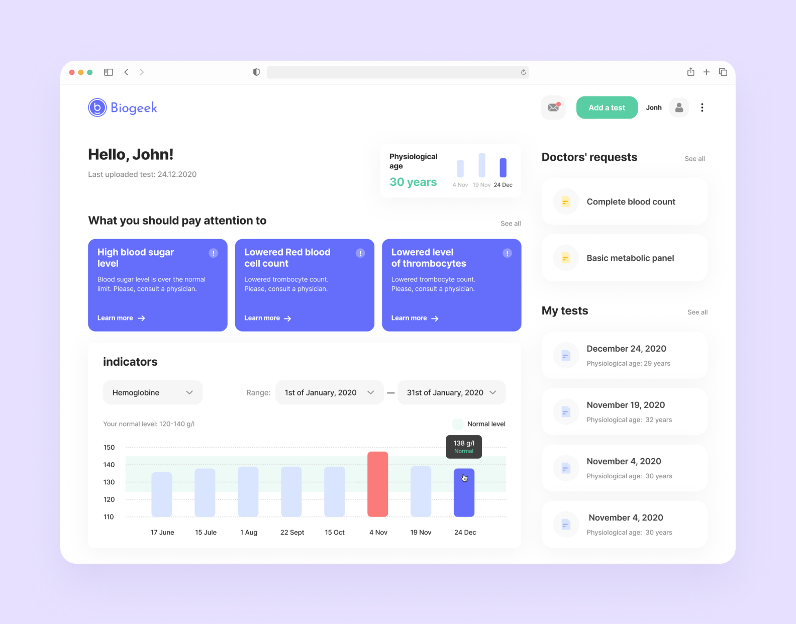 The Biogeek app dashboard