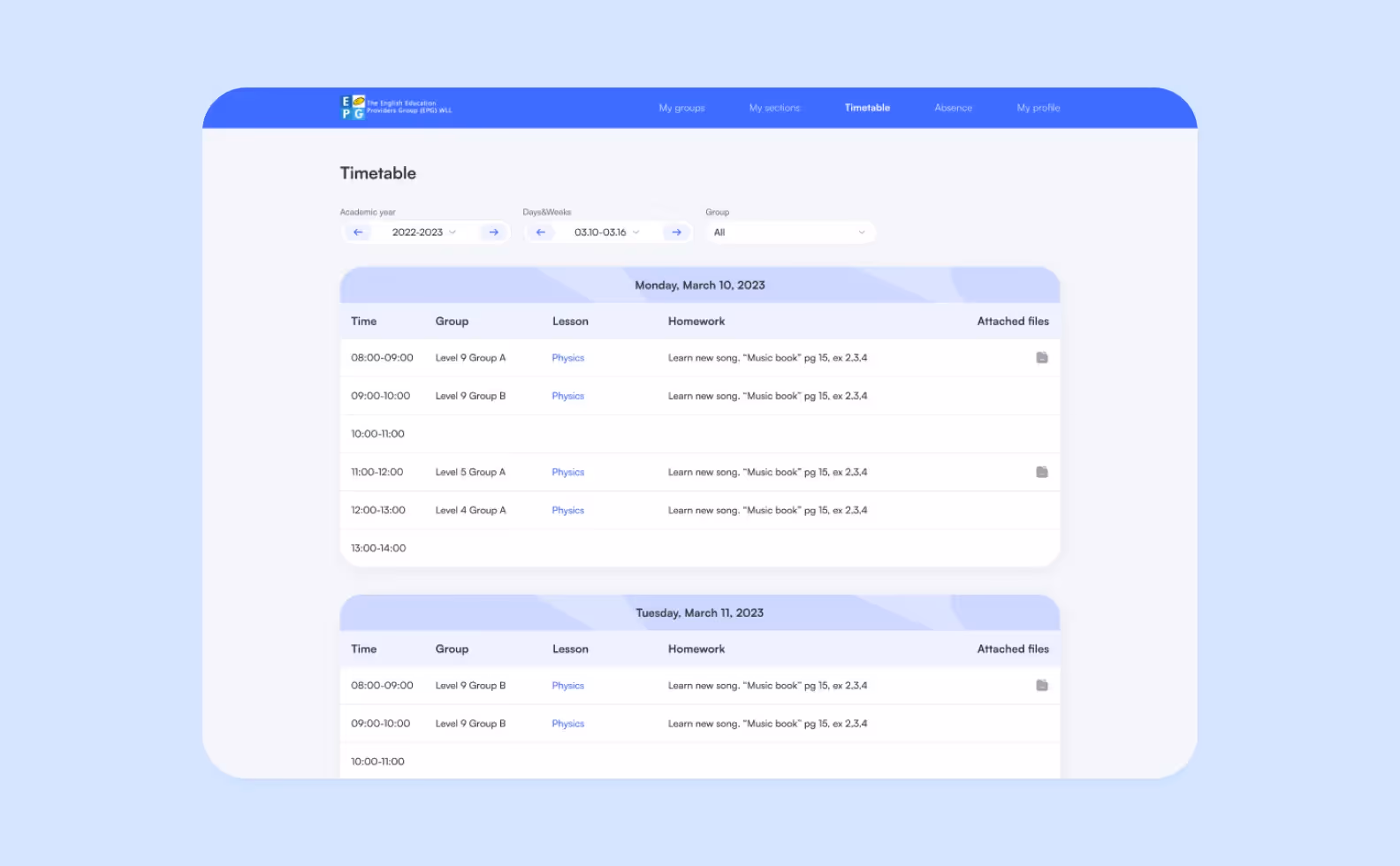 Teacher’s view of the schedule on the landing page developed for EPG