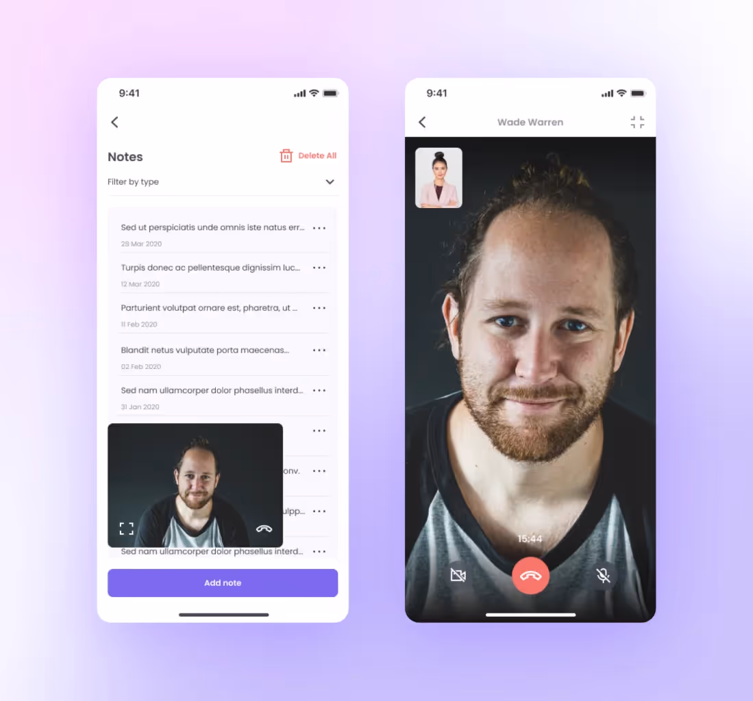 Screen of the mobile app with a video call management feature