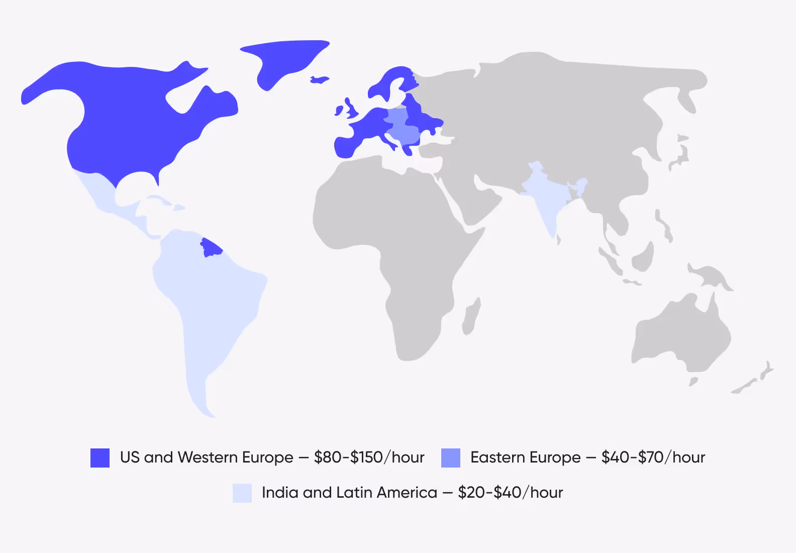 Development prices on the map: US and Western Europe — $80-$150/hour, Eastern Europe — $40-$70/hour, India and Latin America — $20-$40/hour