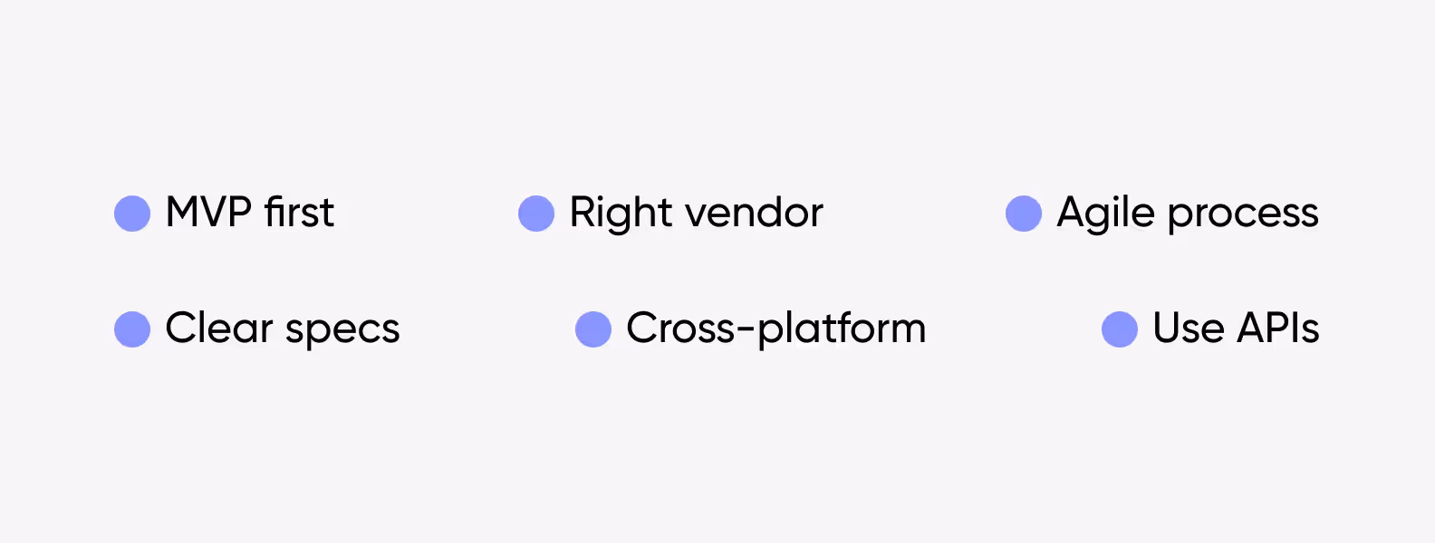 Ways to reduce costs without cutting corners: MVP first, right vendor, Agile process, clear specs, cross-platform, APIs