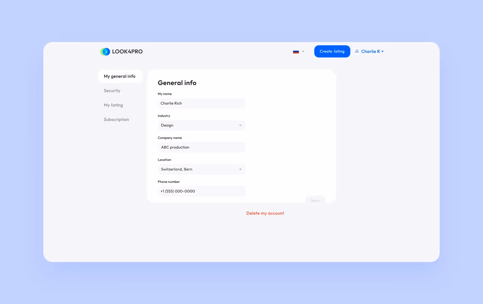 A user information screen in a web app