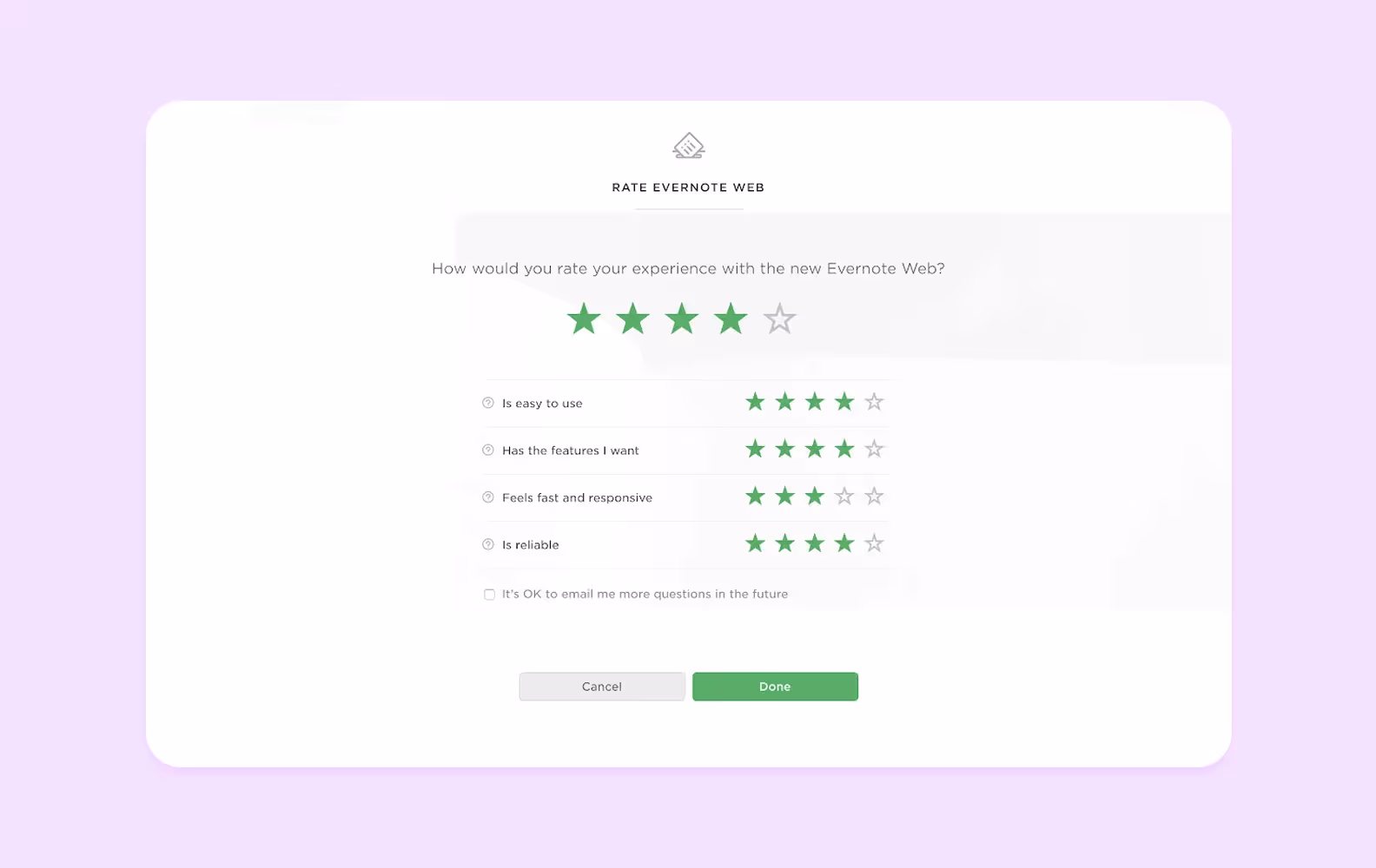 A user feedback form of the Evernote web app