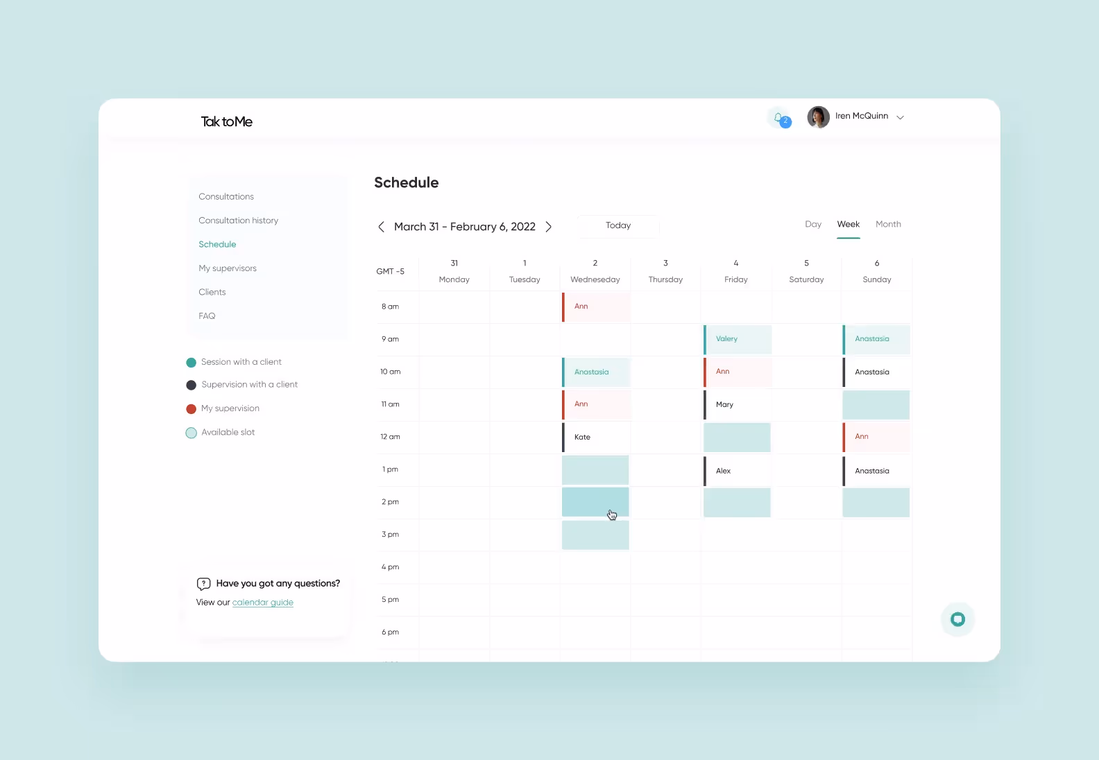 A calendar page with an example of good UI