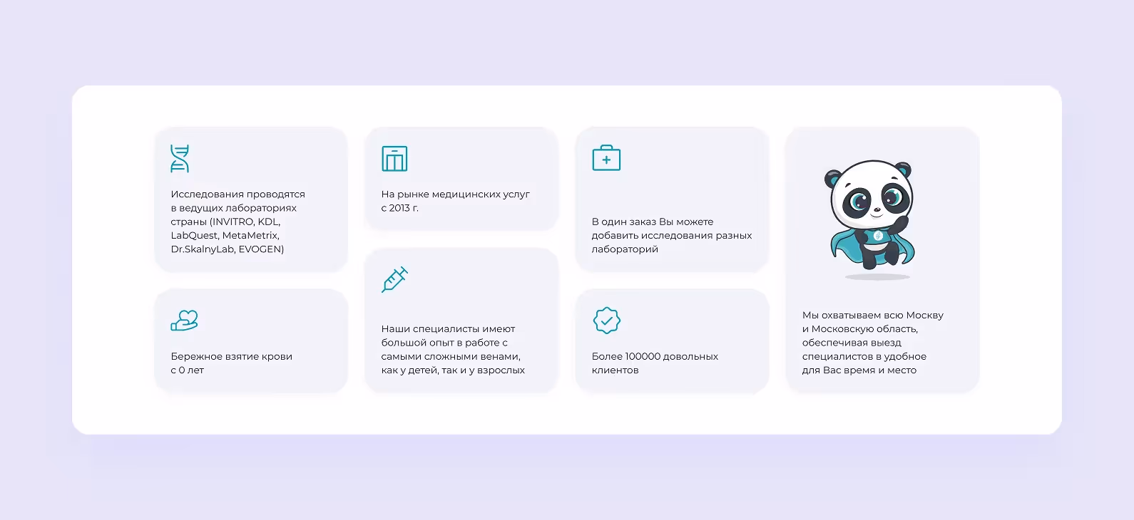 Дизайн карточек на главной странице, которые рассказывают о преимуществах MedCare