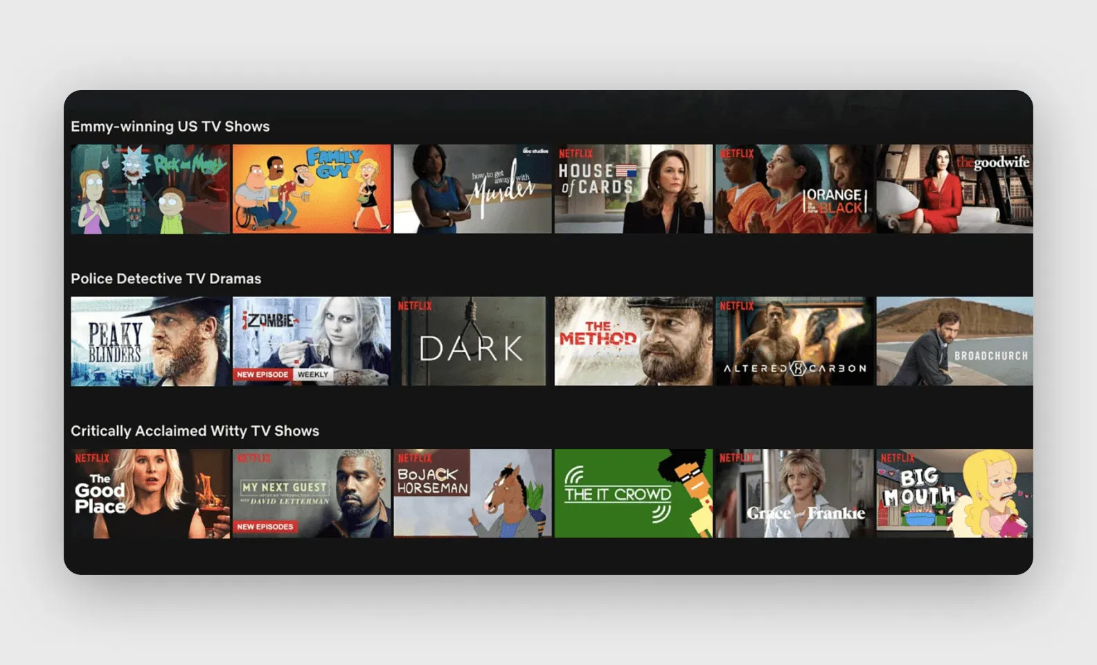 экран сервиса Netflix, который демонстрирует умные рекомендации