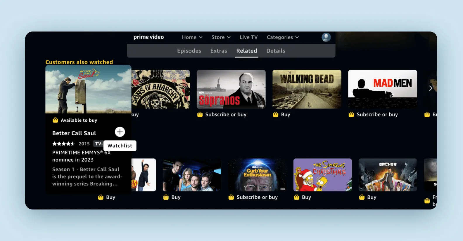 экран сервиса Amazon Prime Video, который демонстрирует добавление в пользовательский список просмотра