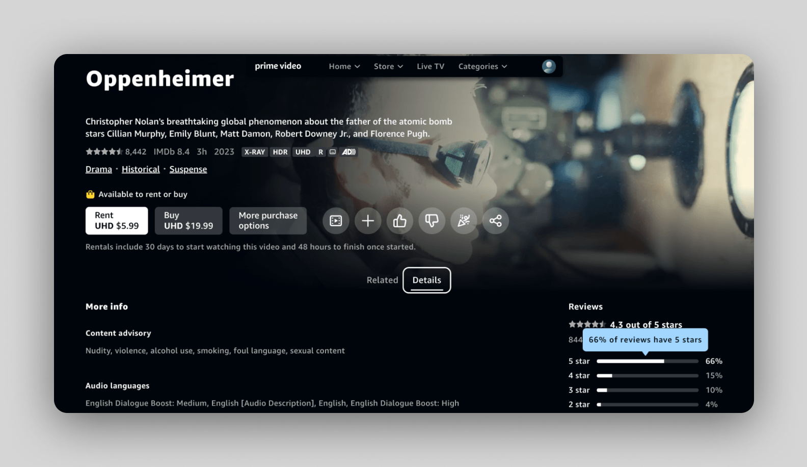 экран сервиса Amazon Prime Video, демонстрирующий пользовательские рейтинги