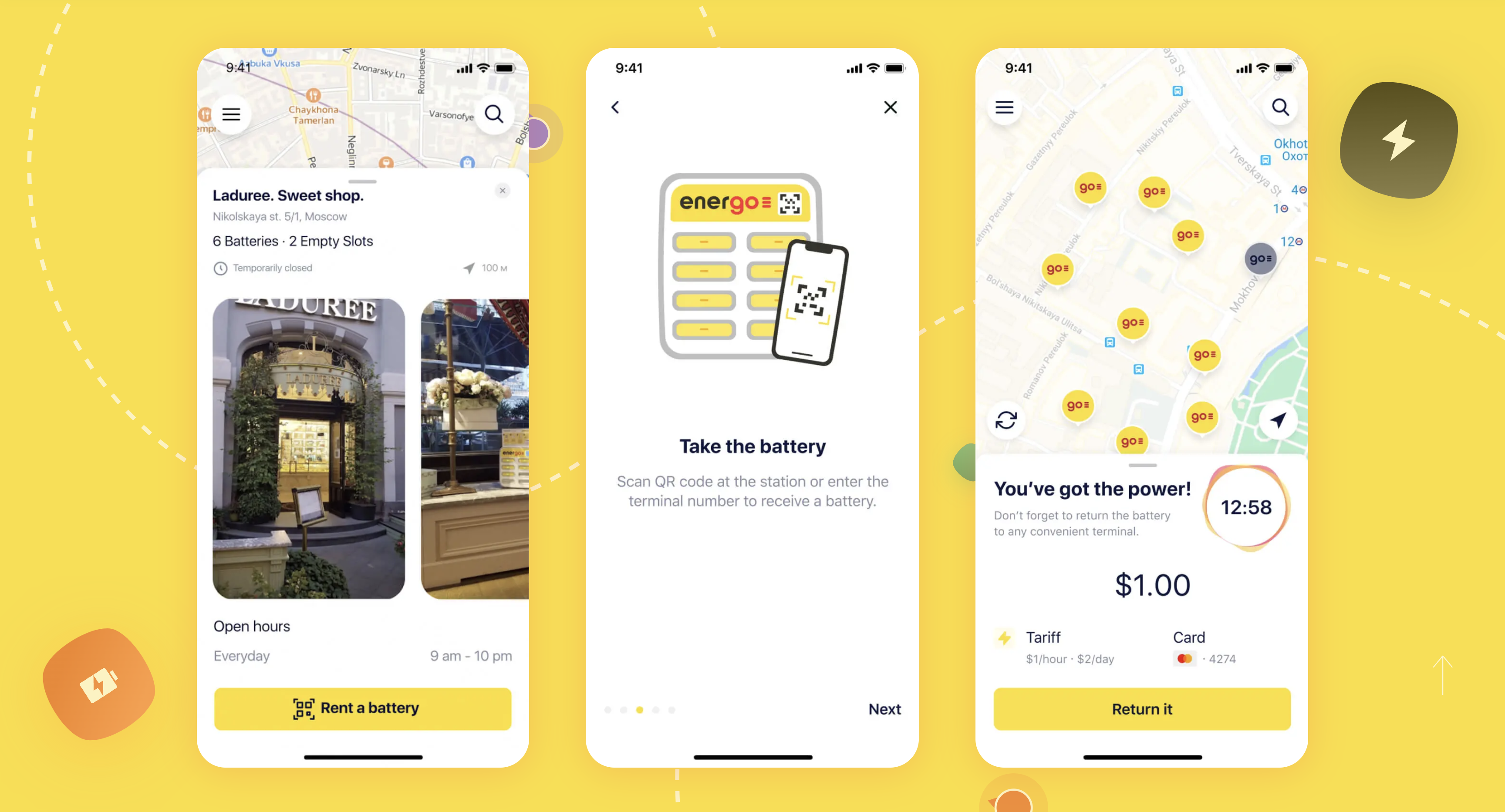 The power bank rental mobile app Energo developed by Purrweb