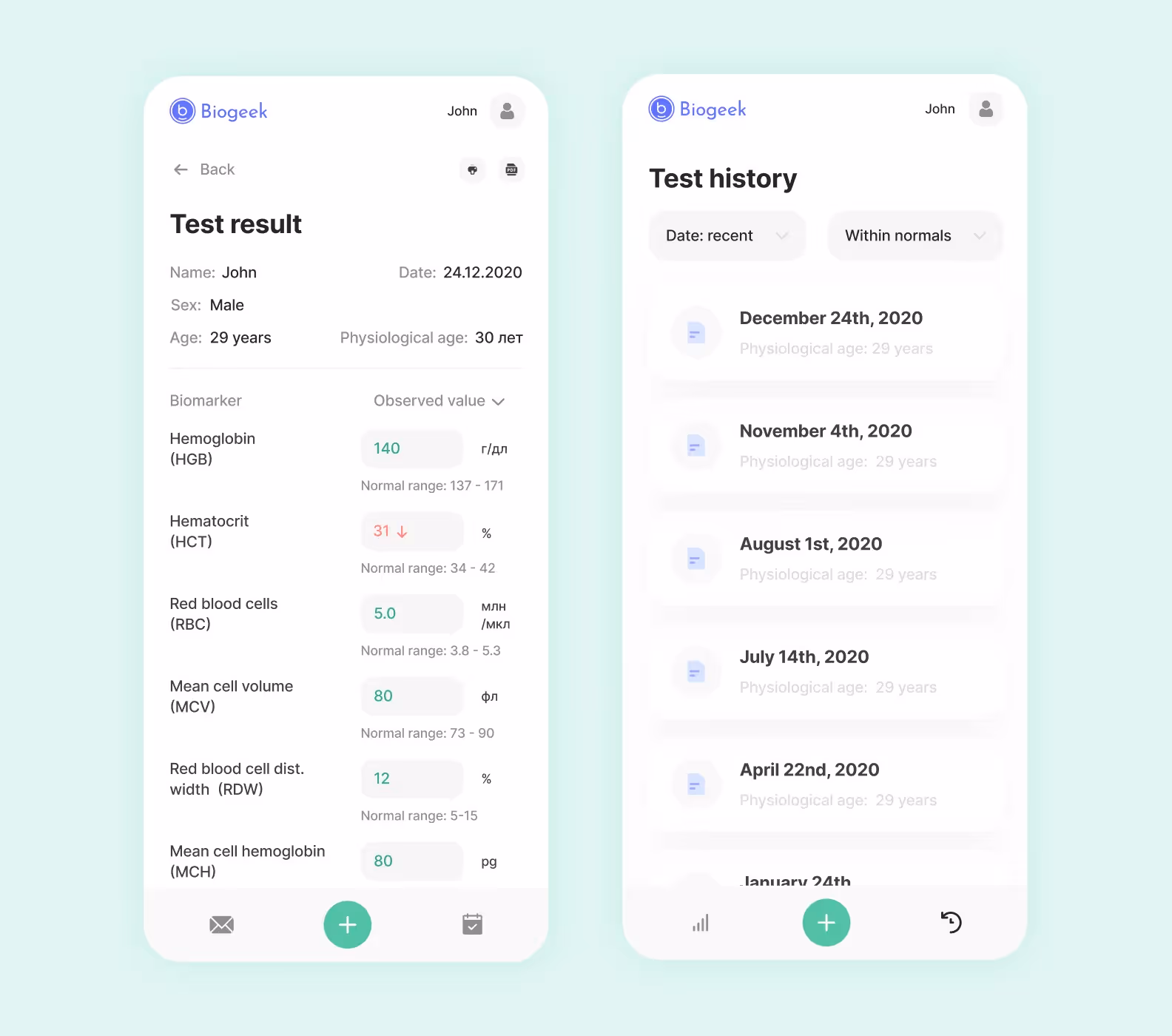 Health application interface showing lab test results
