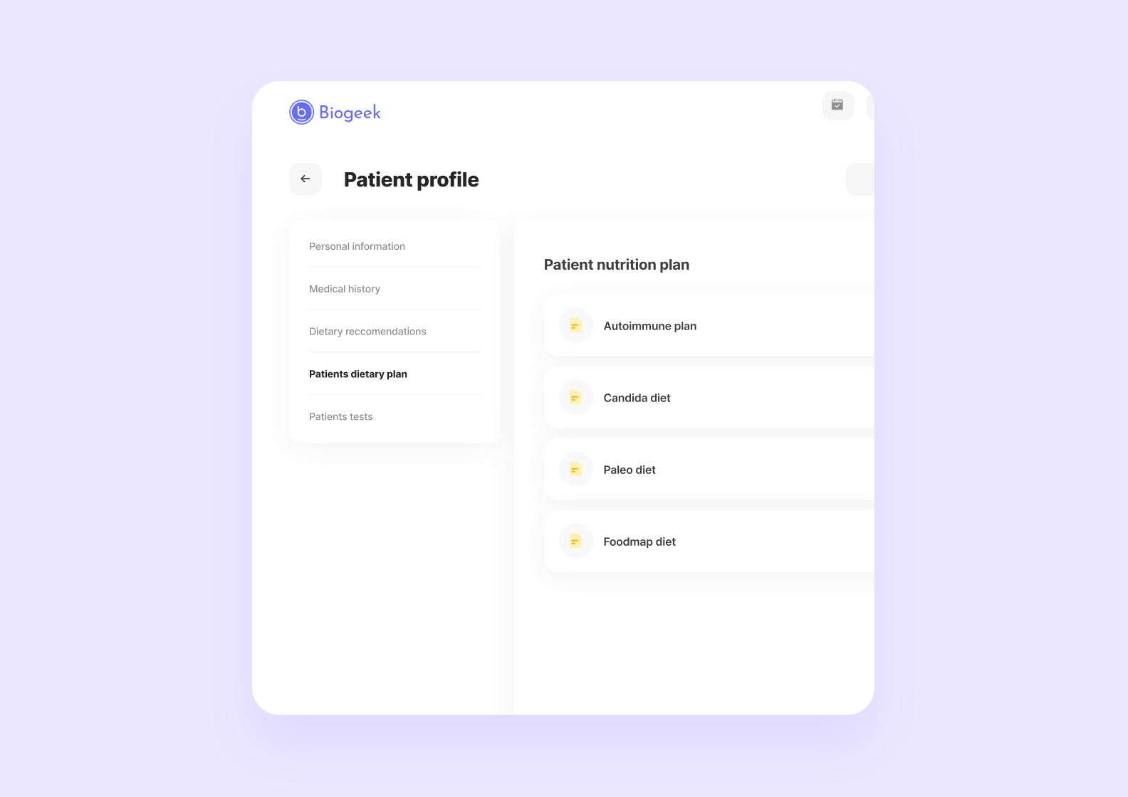 Health application interface showing nutrition diary