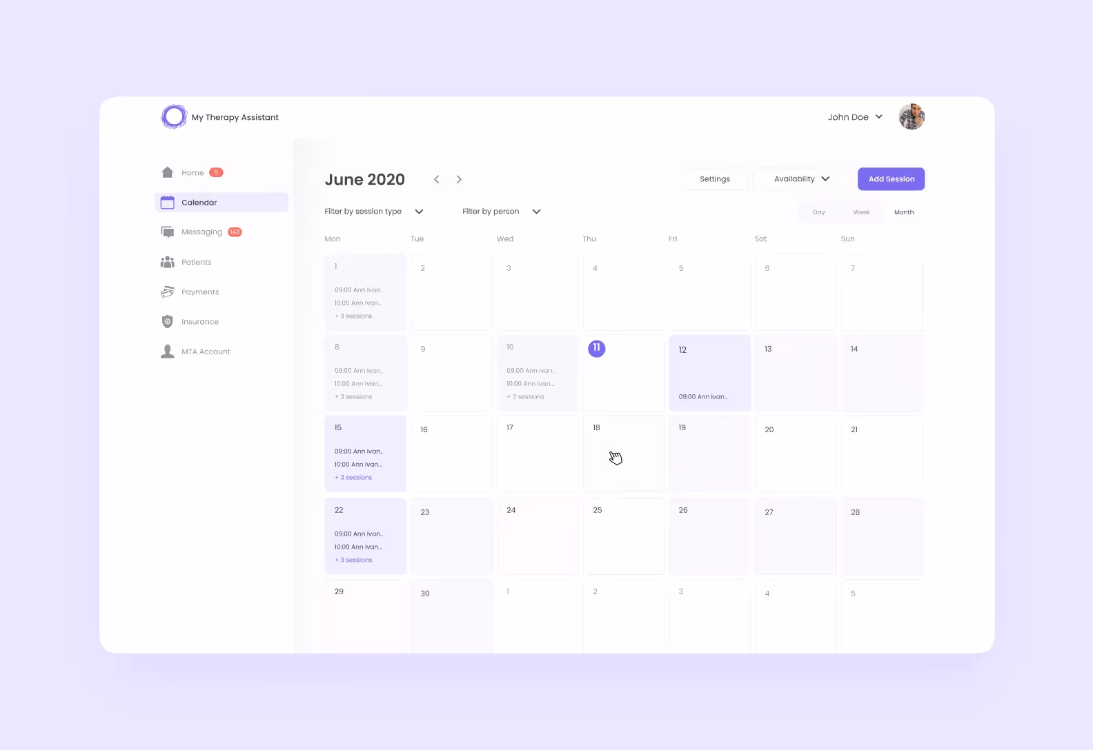 Therapy web application calendar interface